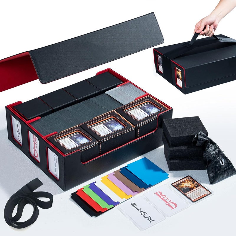Scimi Extra Large Card Storage Box Holds 3600+ Cards Compatible with 12 Small Deck Boxes, Includes Cthulhu Dice Bag, 10 Colorful Dividers, 4 Protective Foam Pads, Perfect for MTG （Black/Red） - Image 1